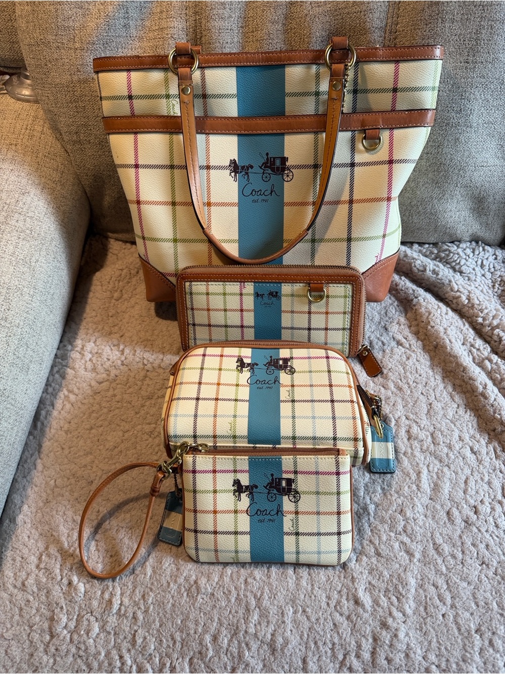 Coach Cream Plaid Canvas Tote with Blue Stripe and Tan Trim